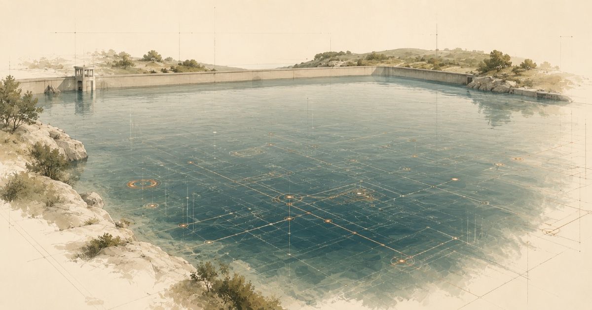 Abstract top-down view of a still body of water rendered as a lattice of glowing connected nodes and fine linking lines, representing linked data records resting beneath a calm surface, in cream and clay tones