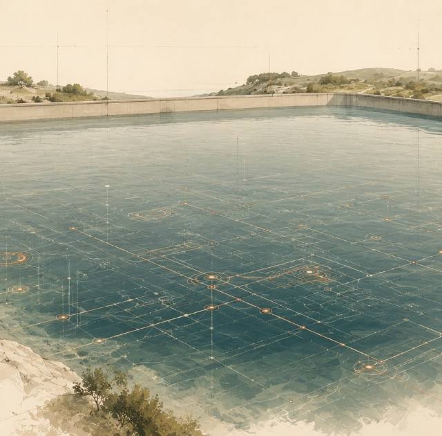 Abstract top-down view of a still body of water rendered as a lattice of glowing connected nodes and fine linking lines, representing linked data records resting beneath a calm surface, in cream and clay tones