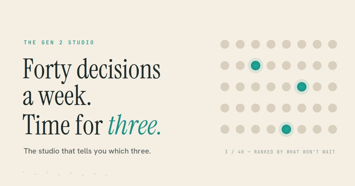 Forty dots with three lit in turquoise, representing forty studio decisions a week with time for three