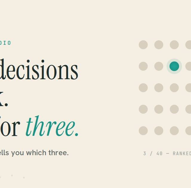 Forty dots with three lit in turquoise, representing forty studio decisions a week with time for three
