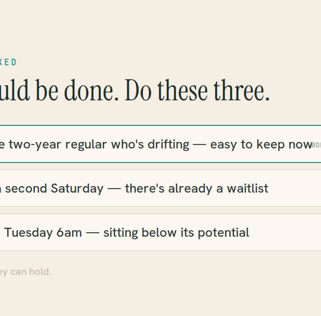 A ranked Today card showing three prioritised studio tasks out of forty, ordered by value and urgency